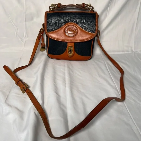 Vintage 90s Dooney & Bourke Pebble Blue and Brown Leather Crossbody Satchel Bag - Picture 2 of 9